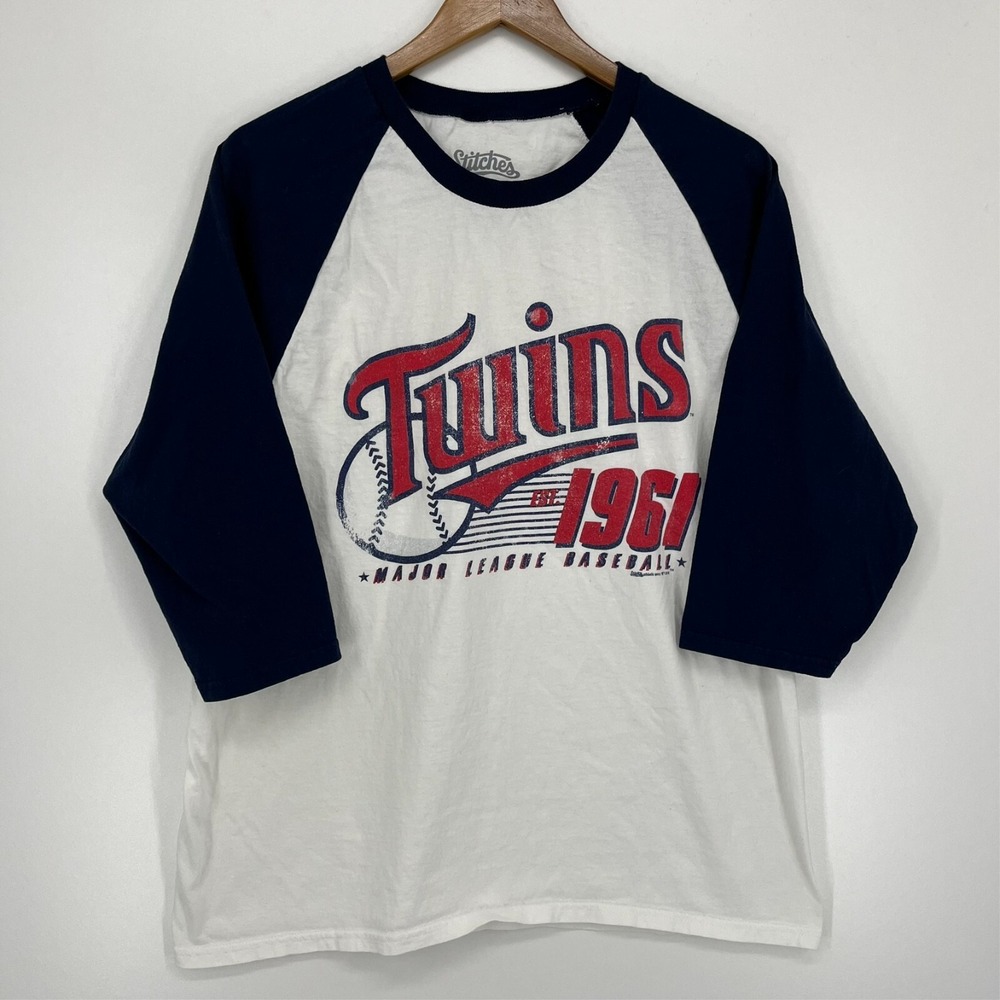 Stitches Minnesota Twins MLB Raglan Shirt Mens XL Navy White 3/4 Sleeve Baseball
